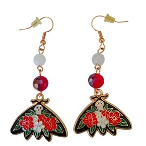 Skull Moth Pierced Earrings Enamel Flowers W/Red Glass & Quartz Beads NWOT